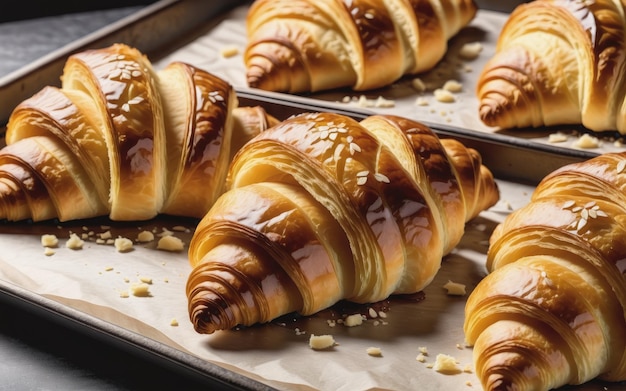 Photo croissants on a tray fresh from the oven