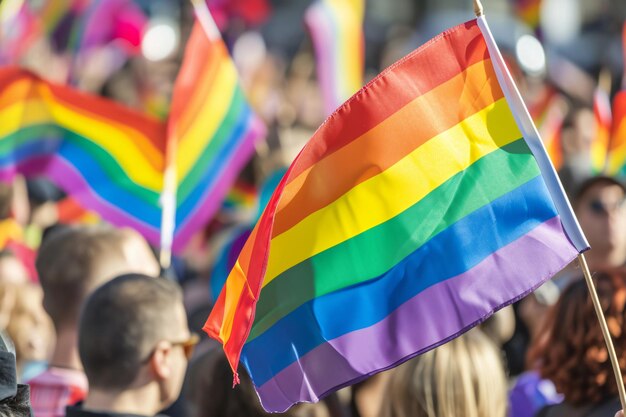 Photo a crowd with lgbt rainbow flags