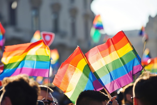 Photo a crowd with lgbt rainbow flags