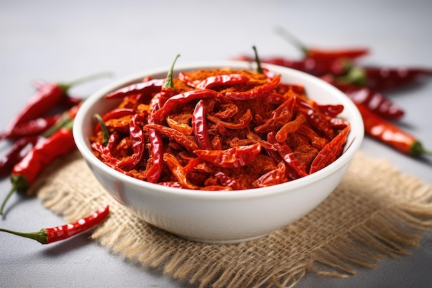 Photo crushed dried chili peppers in white bowl hot and spicy