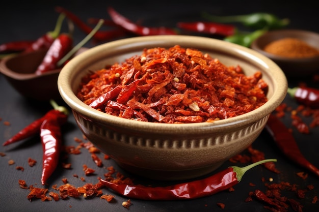 Photo crushed dried chili peppers in white bowl hot and spicy