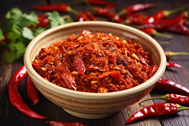 Photo crushed dried chili peppers in white bowl hot and spicy