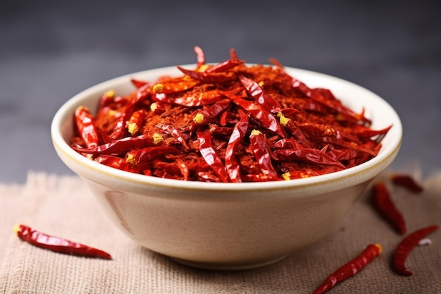 Photo crushed dried chili peppers in white bowl hot and spicy