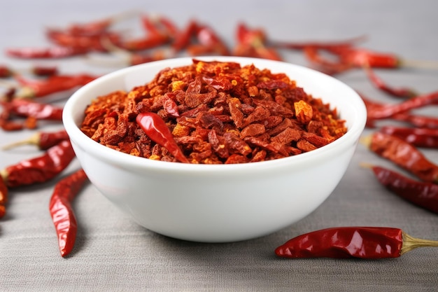 Photo crushed dried chili peppers in white bowl hot and spicy