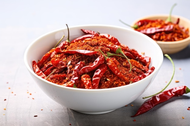 Photo crushed dried chili peppers in white bowl hot and spicy