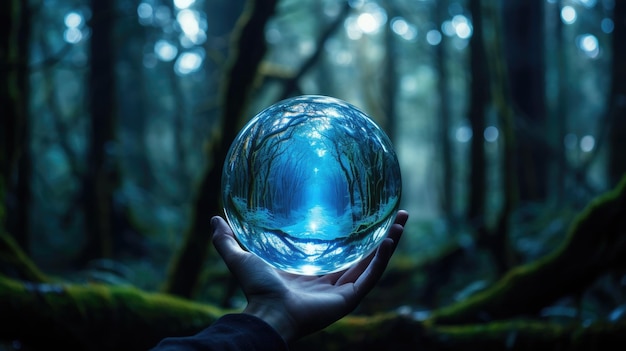 Photo a photo of a crystal ball misty forest backdrop