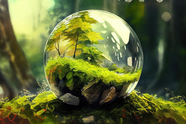 Photo crystal globe glass resting on stone with green leaf and sunshine in nature Generative Ai