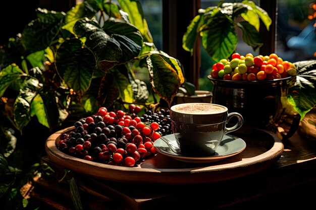 Foto foto di una tazza di caffè giornata internazionale del caffè con chicchi di caffè