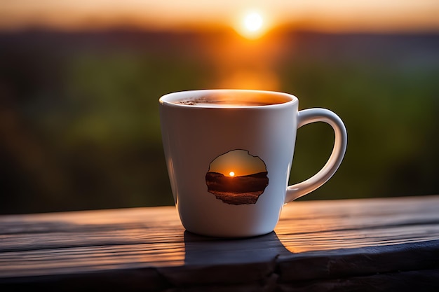 Фото чашка кофе на столе перед взглядом на закат
