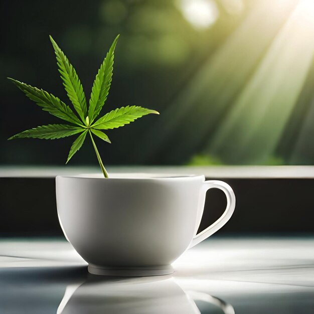 Photo cup of hemp tea with hemp leaves put on white marble floor