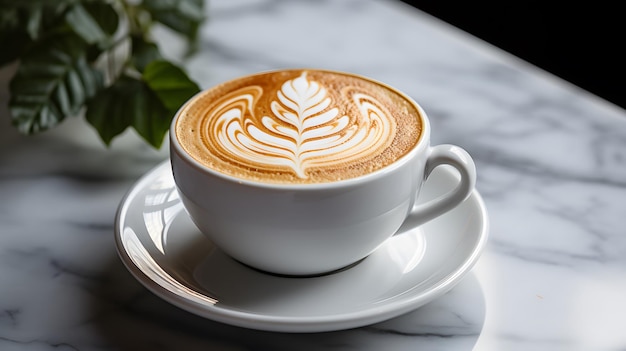 Photo of a cup of latte art coffee with coffee beans