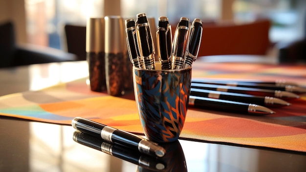 A photo of a cup of pens on a conference table