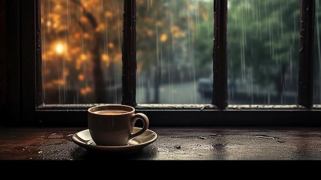 Photo cup of tea and open book with rain