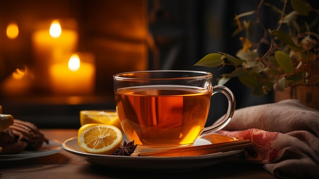 photo a cup of tea on a table behind blur background