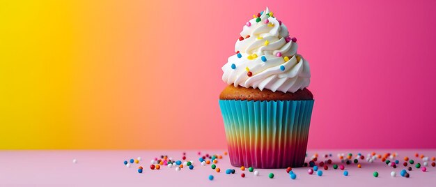 Photo of cupcake with sprinkles and whipped cream decorations vibrant banner ads design layout art