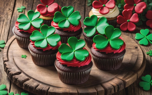 Photo cupcakes with red frosting and clovers on a wooden table