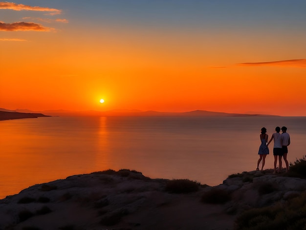 photo cuple people sunset on the aegean sea coast land in the distance