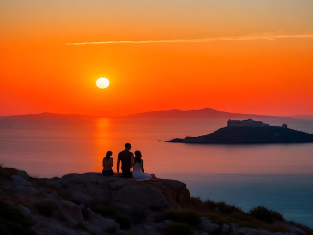 photo cuple people sunset on the aegean sea coast land in the distance
