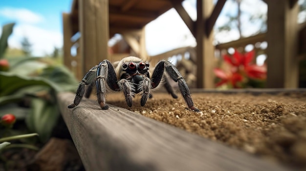 A photo of a curious tarantula exploring a miniature training playground