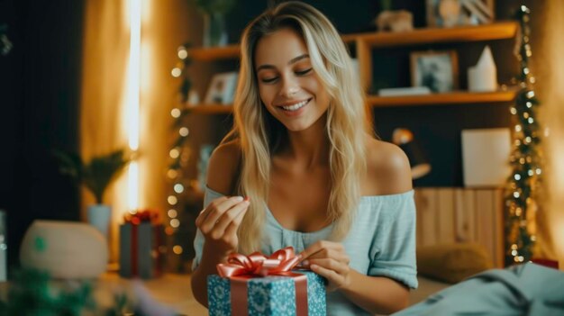 Photo of a curious young woman opening a gift Generated by AI