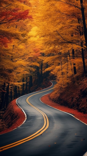 紅葉の背景を持つ曲がりくねった林道の写真