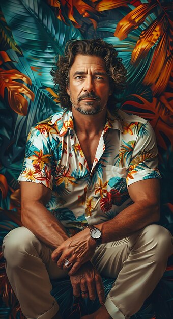 Photo photo of curvy middle aged man model with retro hawaiian shirt fashio collage vintage concept idea