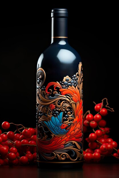 Photo of a custom red wine bottle adorned with intricate label art