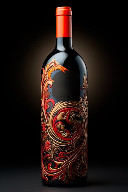 Photo of a custom red wine bottle adorned with intricate label art