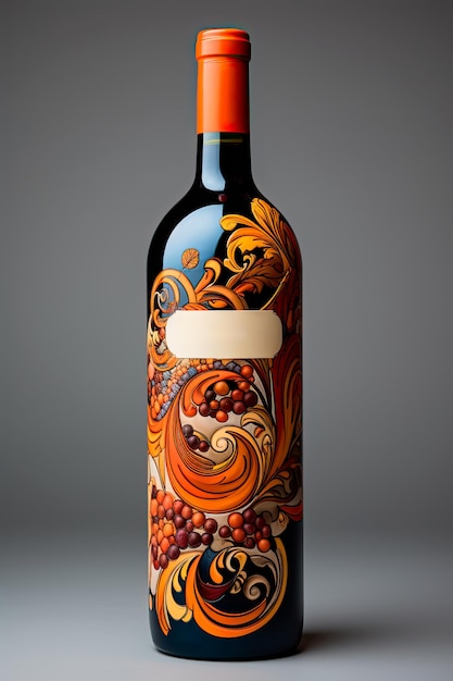 複雑なラベルアートで飾られたカスタム赤ワインボトルの写真