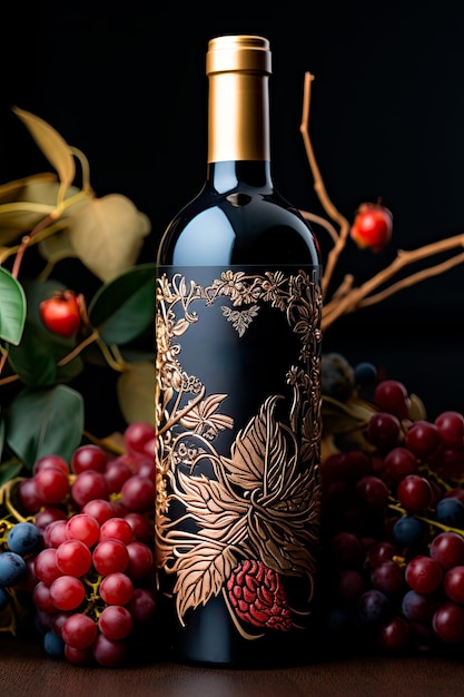 Фотография изготовленной на заказ бутылки красного вина, украшенной замысловатой этикеткой