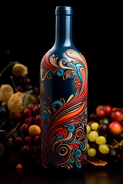 複雑なラベルアートで飾られたカスタム赤ワインボトルの写真