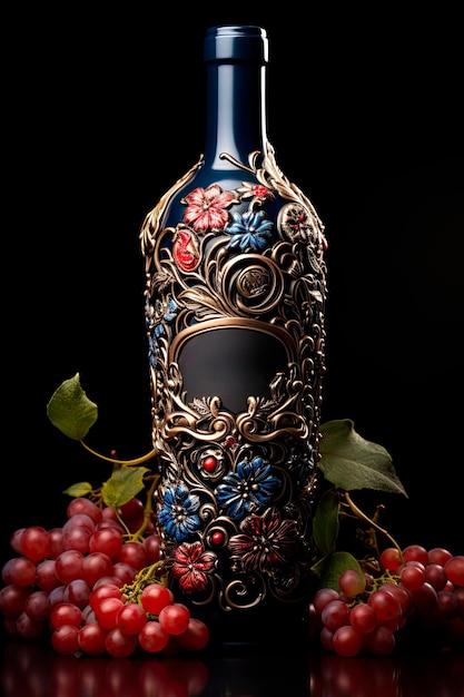 Photo of a custom red wine bottle adorned with intricate label art