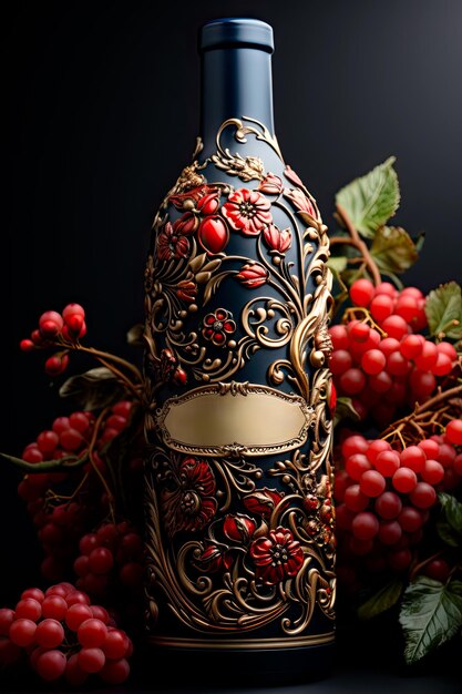 Photo of a custom red wine bottle adorned with intricate label art