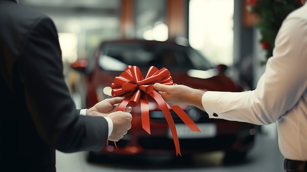 Photo a photo of a customer receiving a car gift bow