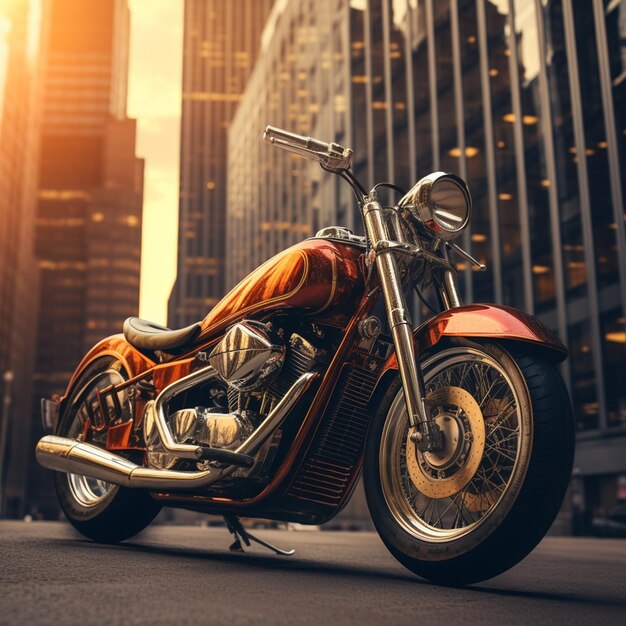 photo of a custommade retro motorcycle against a skyscraper