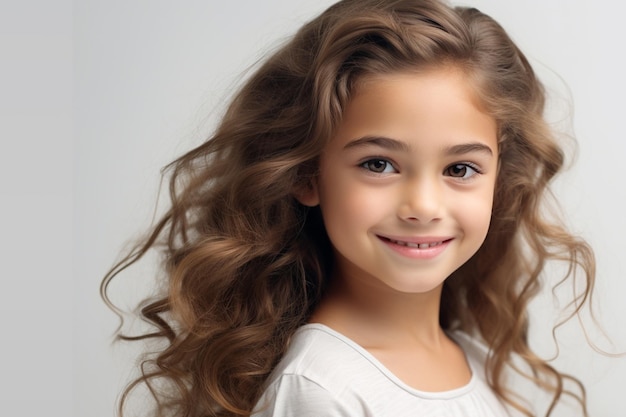색 배경 에 미소 짓고 있는 곱슬 갈색 머리 를 가진 귀여운 아기 소녀 의 사진
