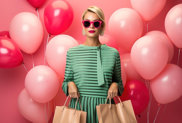 Photo of a cute beautiful girl with packages in a shopping center