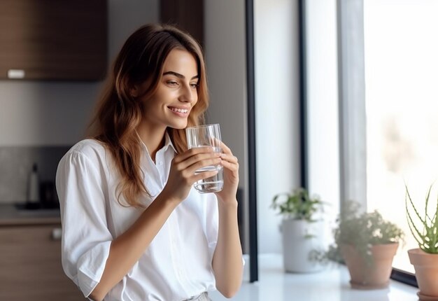 Foto foto di bella donna carina che beve un bicchiere d'acqua