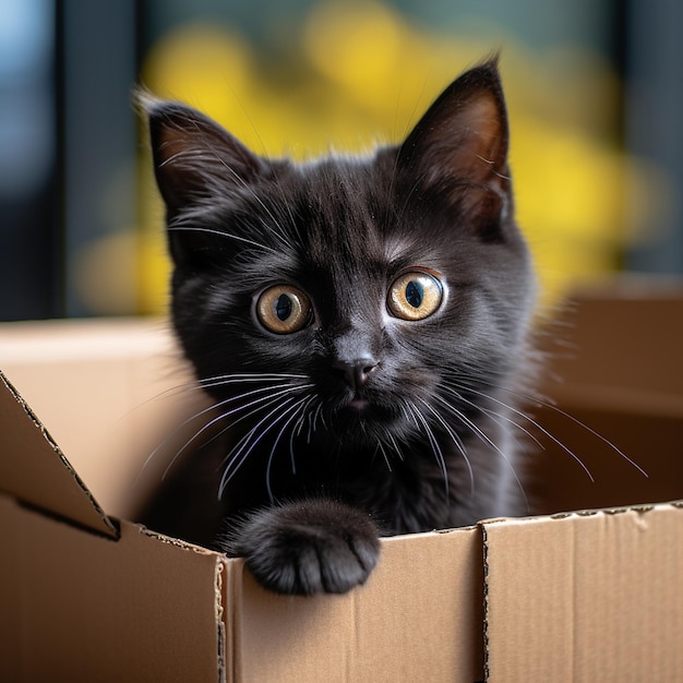 photo of cute black kitten in a box