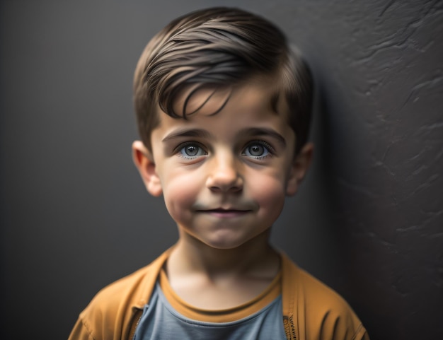 Photo of a cute boy standing in front of a wall orange shirt with generative ai