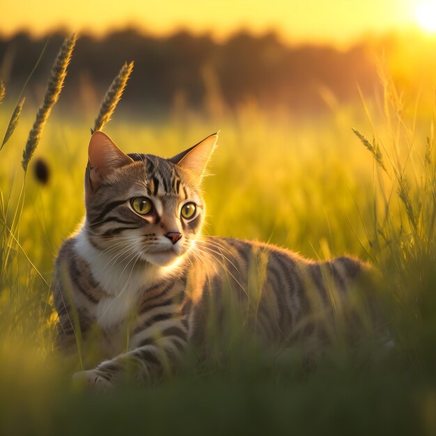 Создана фотография милой кошачьей природы, неприрученной удивительной кошки в травянистой саванне на закате.