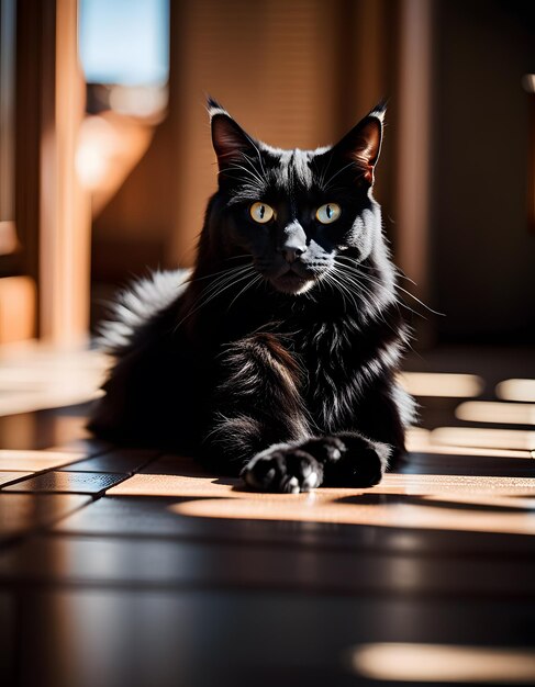 家の床で日光浴しているかわいい猫の写真