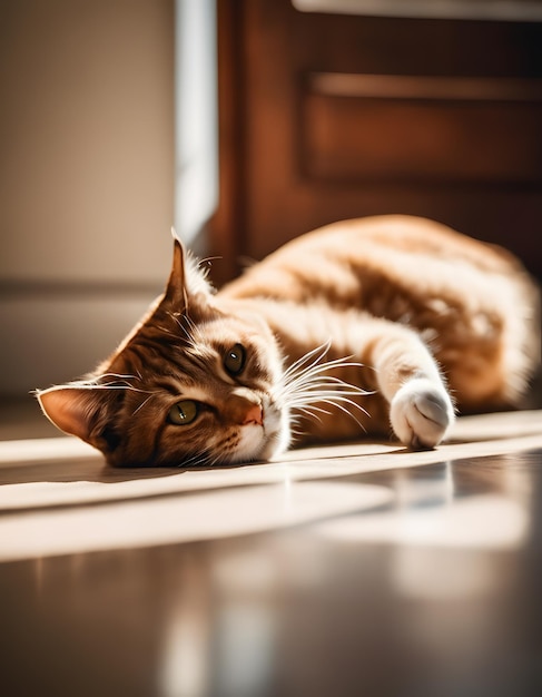 Photo cute cat sunbathing on the floor in a house