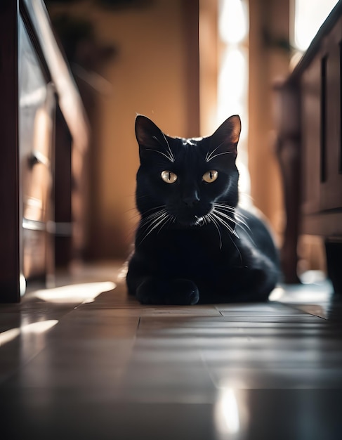 Фото милый кот загорает на полу в доме