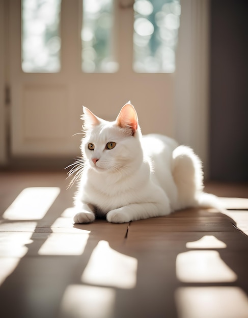 家の床で日光浴しているかわいい猫の写真