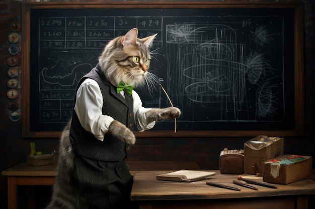 Photo of cute cat in teacher outfit in front of blackboard in classroom