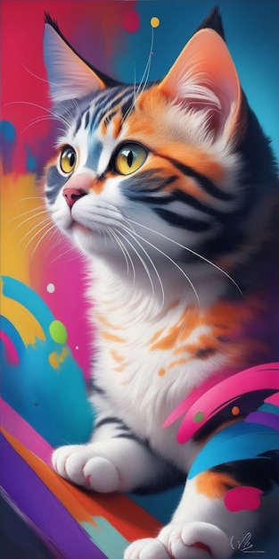 Photo cute cat with colorful flowers on abstract background Vector illustration