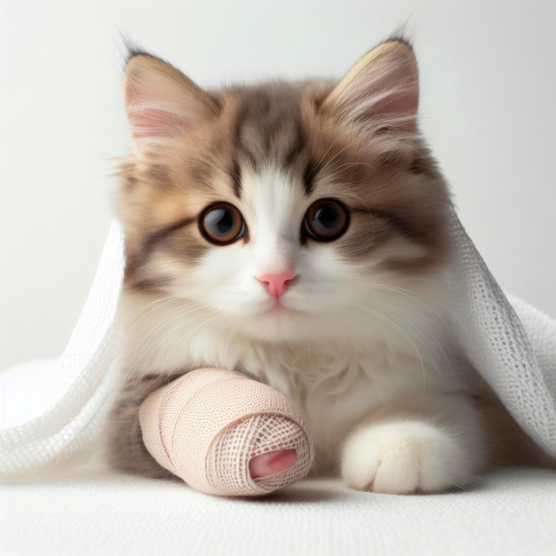 Photo of a Cute cat with a paw wrapped in a white bandage on a white background ai generative