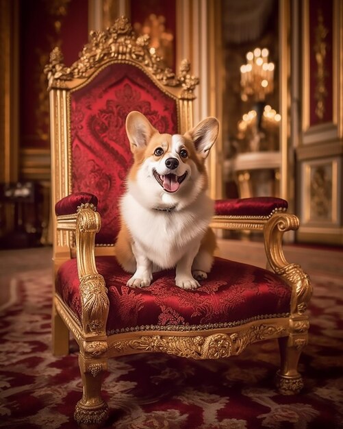 Photo photo cute corgi dog sitting on the royal throne