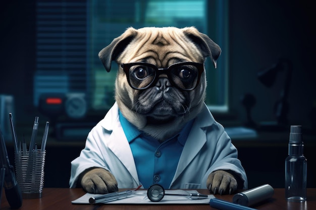 Photo of cute dog in doctor suit